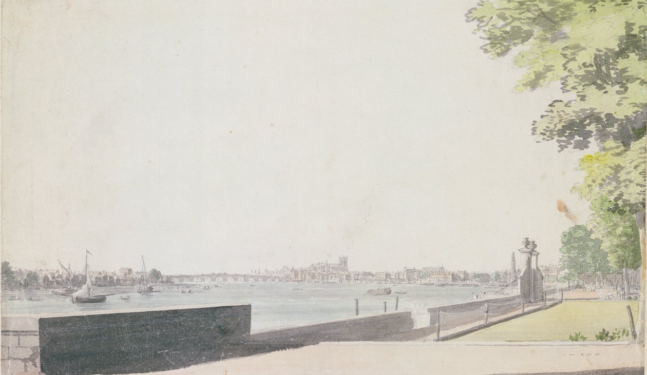 Näkymä Somerset House Gardenista, kohti Westminster Bridgeä, 1756 tekijältä Paul Sandby