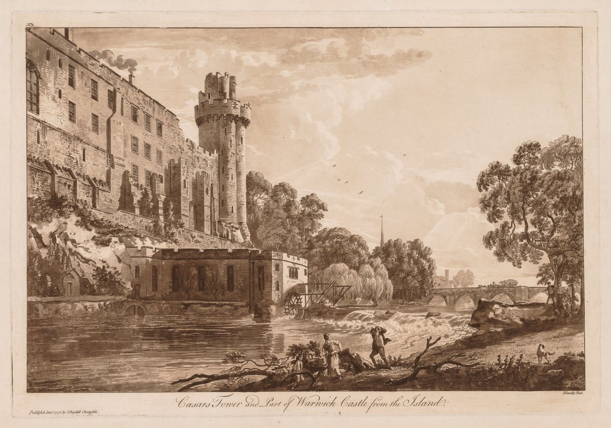 Näkymät Warwickin linnalle: Caesars ower ja osa Warwickin linnaa saarelta, 1776. tekijältä Paul Sandby