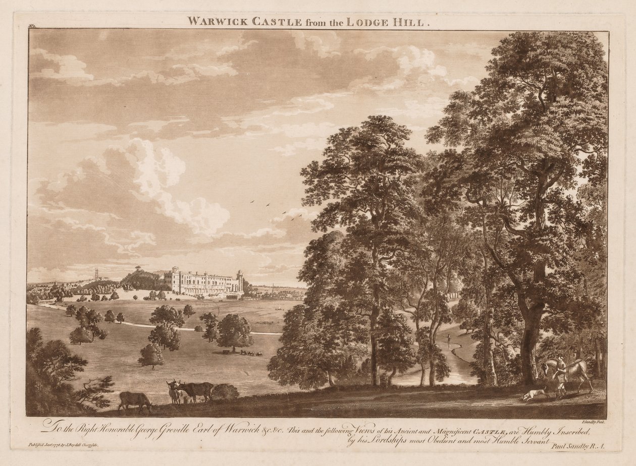 Näkymät Warwickin linnalle: Warwickin linna Lodge Hilliltä, 1776. tekijältä Paul Sandby