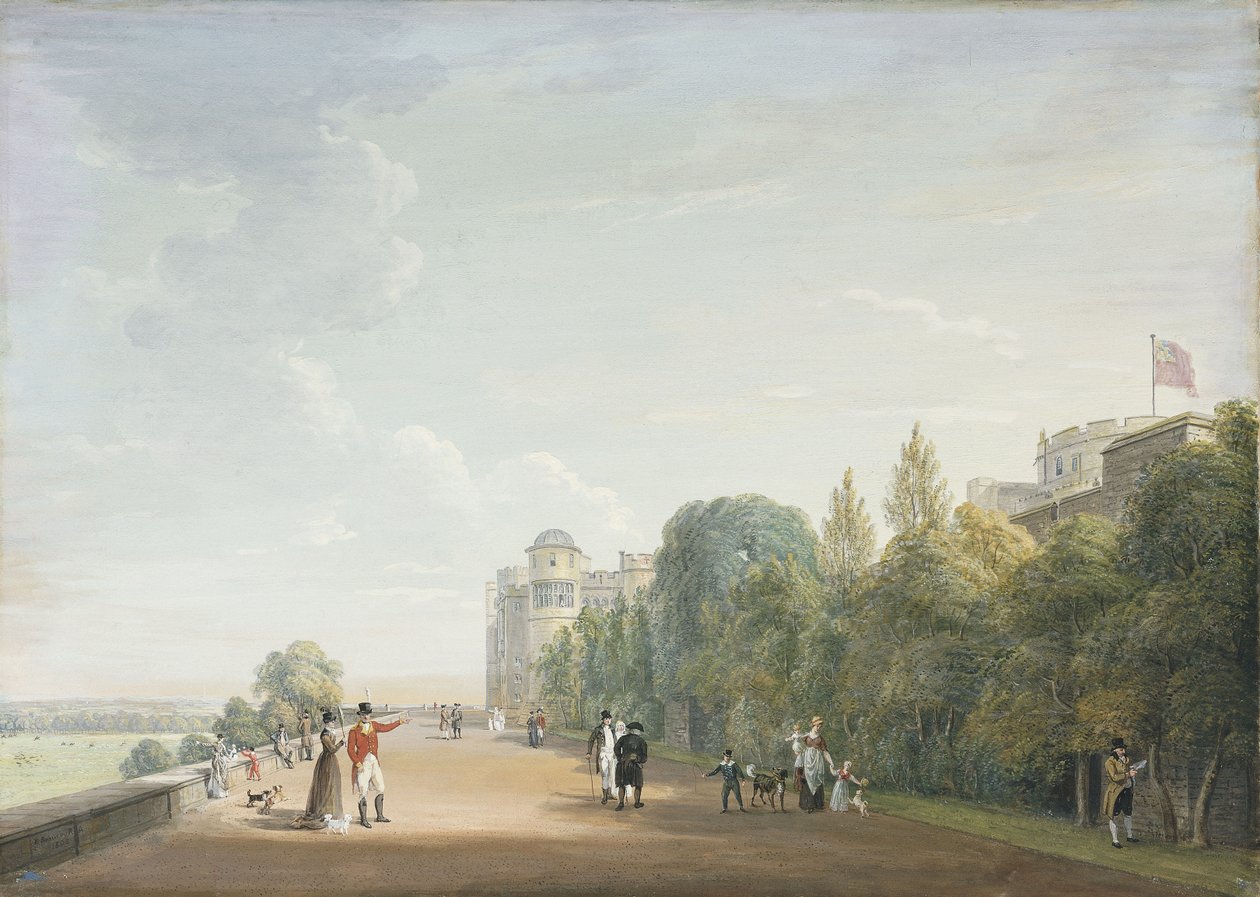 Windsorin linna: Pohjoinen terassi itään katsoen, tyylikkäillä hahmoilla, 1803 tekijältä Paul Sandby