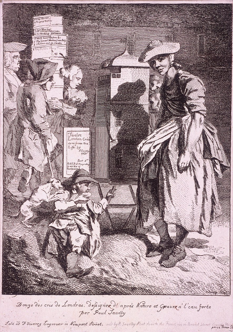 Nainen harvinaisen esityksen kanssa, Cries of London, 1760 tekijältä Paul Sandby