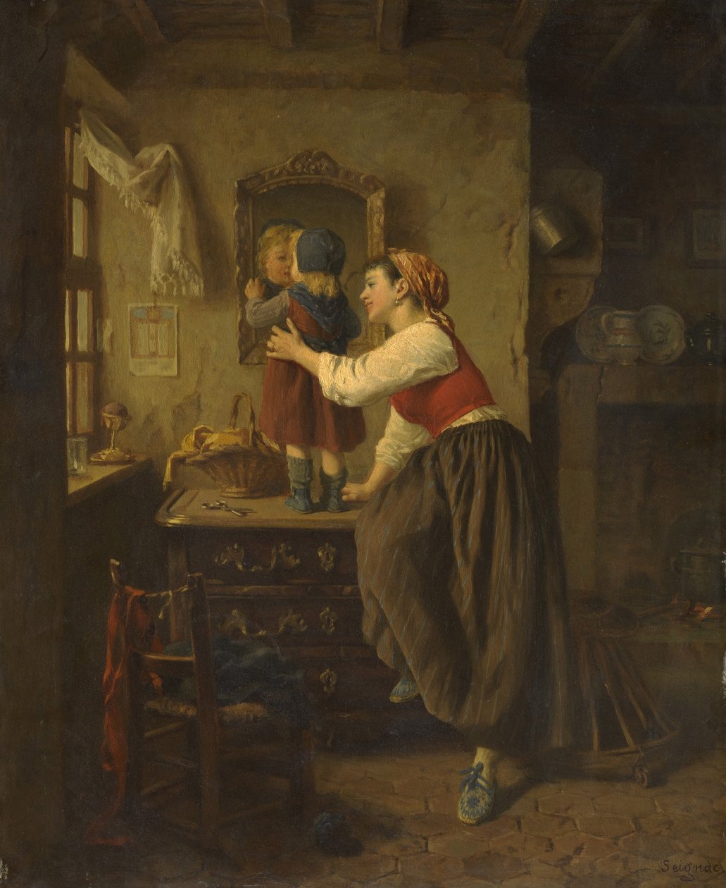 Nainen ja lapsi peilin edessä, 1870-luku tekijältä Paul Seignac