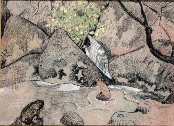 Maisema linnun ja rupikonnan kanssa (hiili ja pastelli paperilla) tekijältä Paul Sérusier