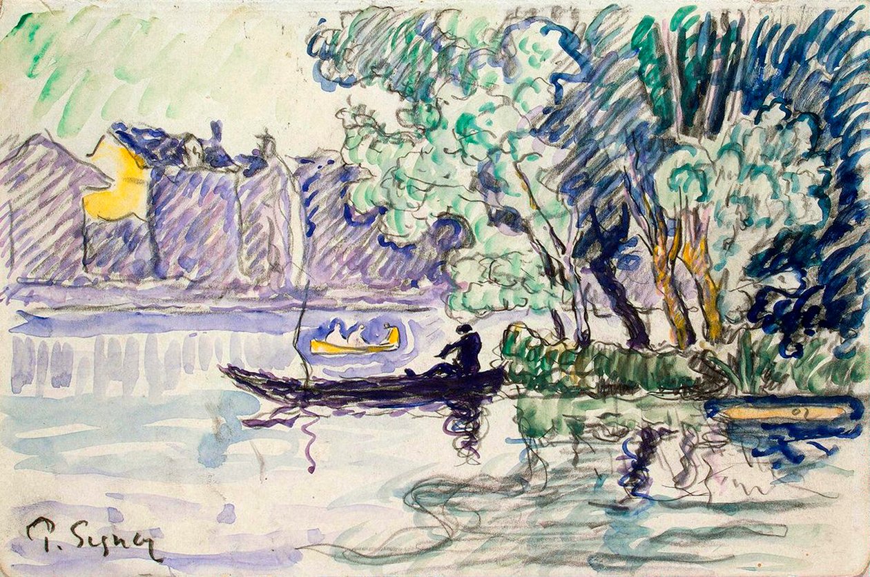 Kalastaja veneessä lähellä Seinen rantaa, c1900 tekijältä Paul Signac