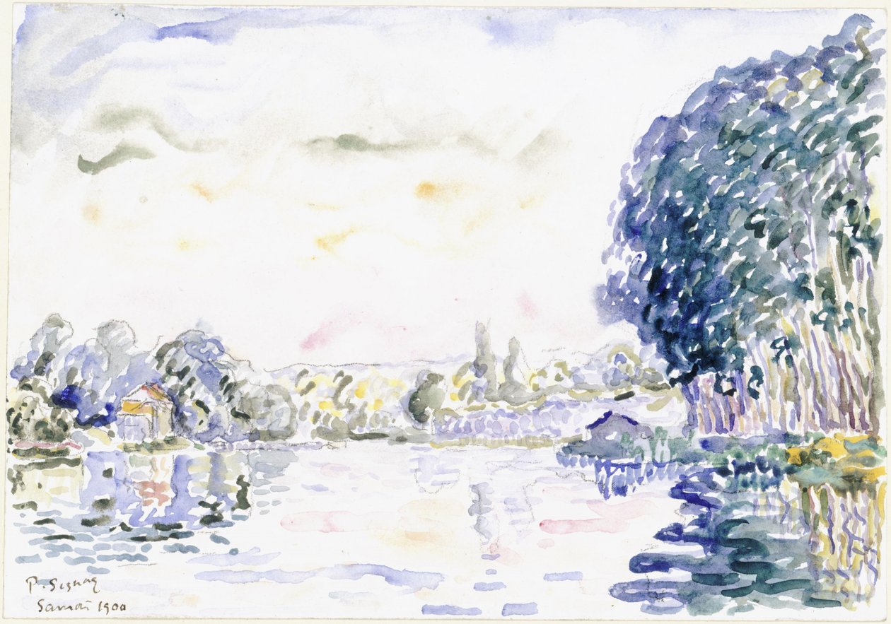 Jokimaisema, pieni talo ja puita tekijältä Paul Signac