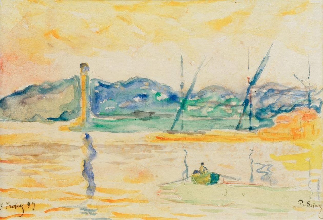Sisäänkäynti Saint-Tropezin satamaan auringonlaskun aikaan tekijältä Paul Signac