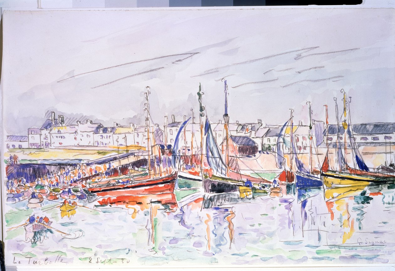 ""La Turballe"" Purjeveneet La Turballen satamassa Loire Atlantiquessa. Paul Signacin (1863-1935) akvarelli 1930 Pushkin-museo, Moskova tekijältä Paul Signac