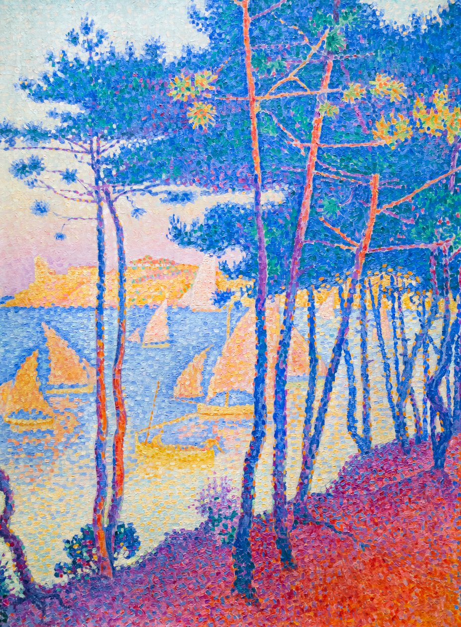 Purjeveneet ja mäntypuut, c. 1896 (öljy kankaalle) tekijältä Paul Signac