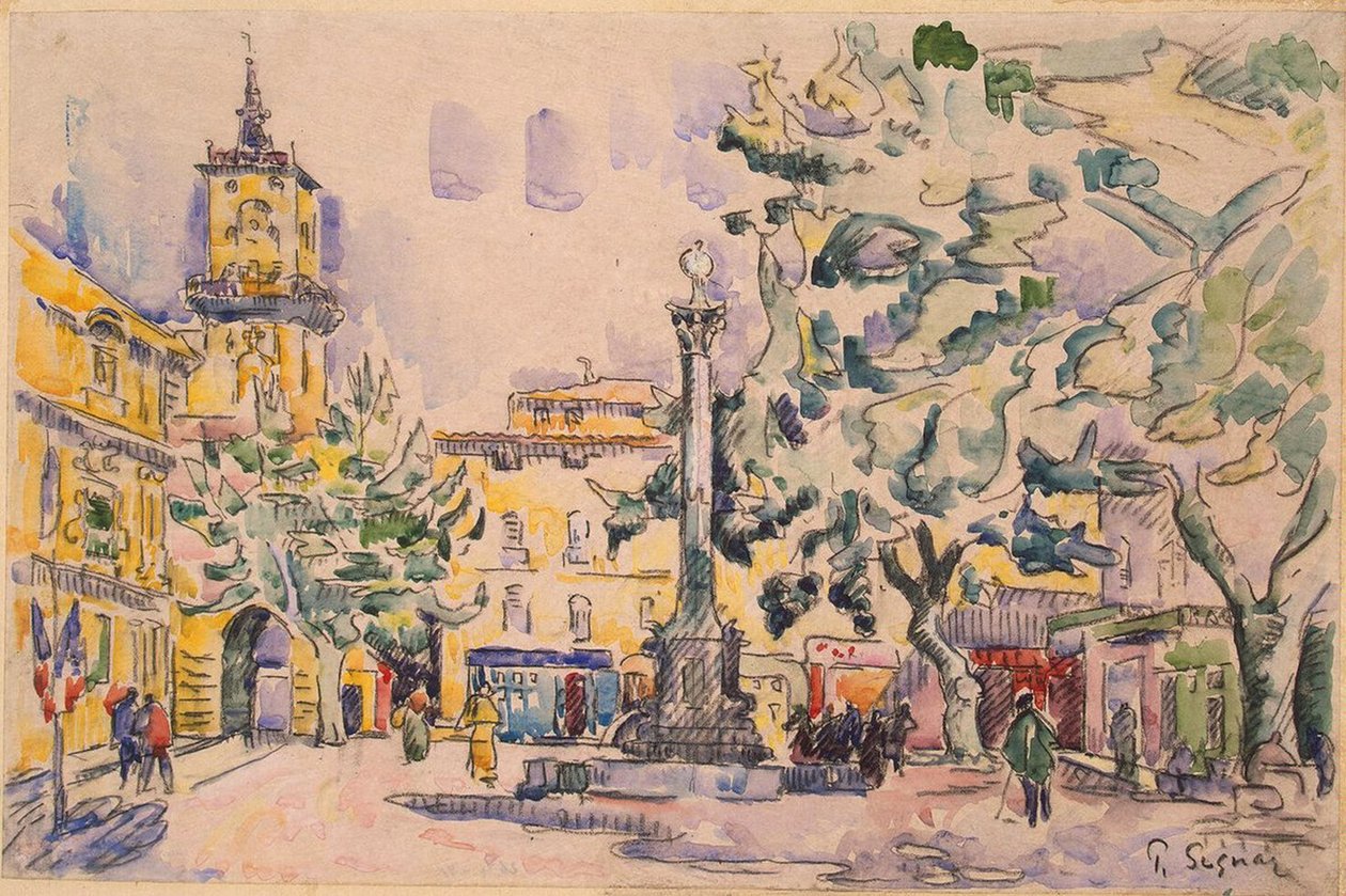 Hotel de Ville -aukio Aix-en-Provencessa (kynä ja muste vesivärillä ja guassilla paperilla) tekijältä Paul Signac