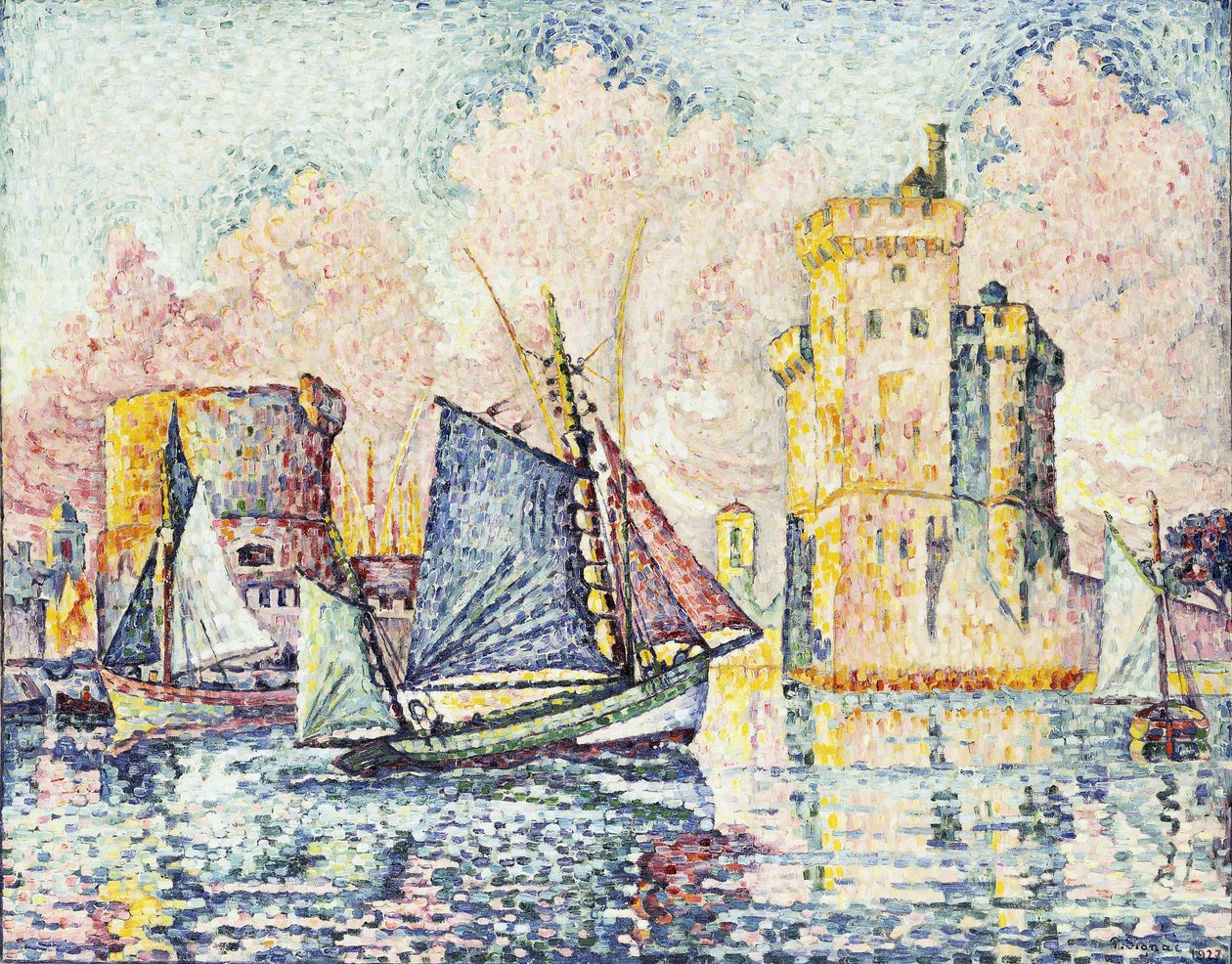 Tonnikalavene saapuu La Rochellen satamaan, Setting; Tonnikalavene saapumassa La Rochellen satamaan, Couchant, 1927 tekijältä Paul Signac