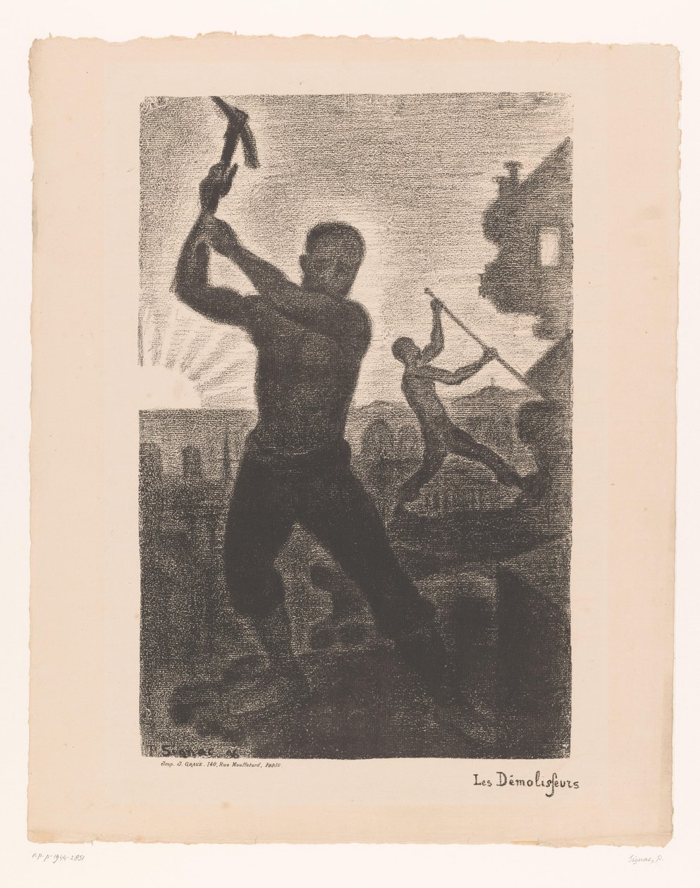 Kaksi miestä purkaa rakennuksen Les demoliseurs (nimi esineessä) tekijältä Paul Signac