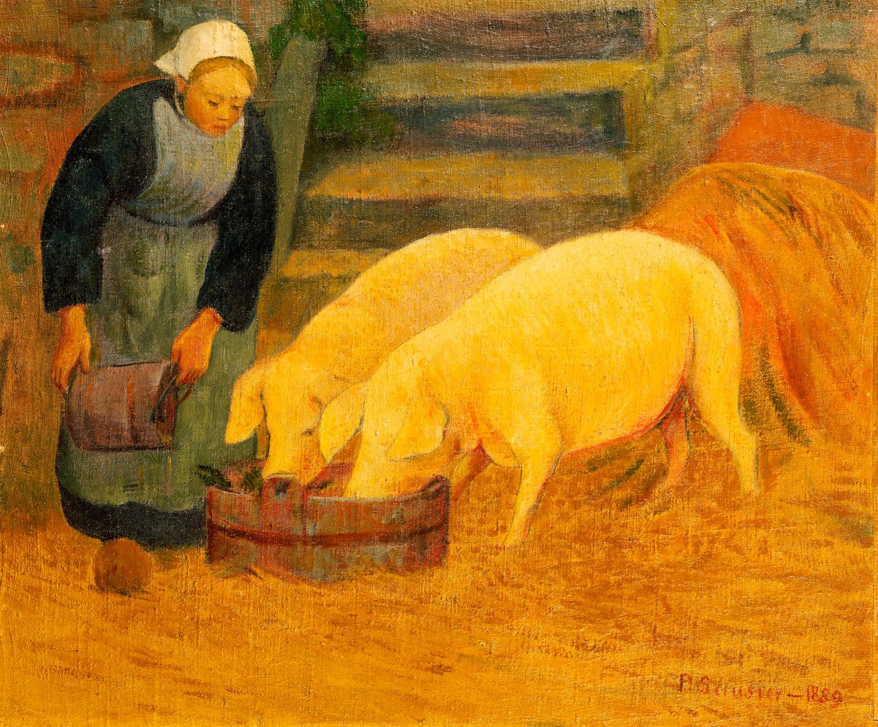 Nuori tyttö ruokkimassa kahta sikaa, 1889 tekijältä Paul Sérusier