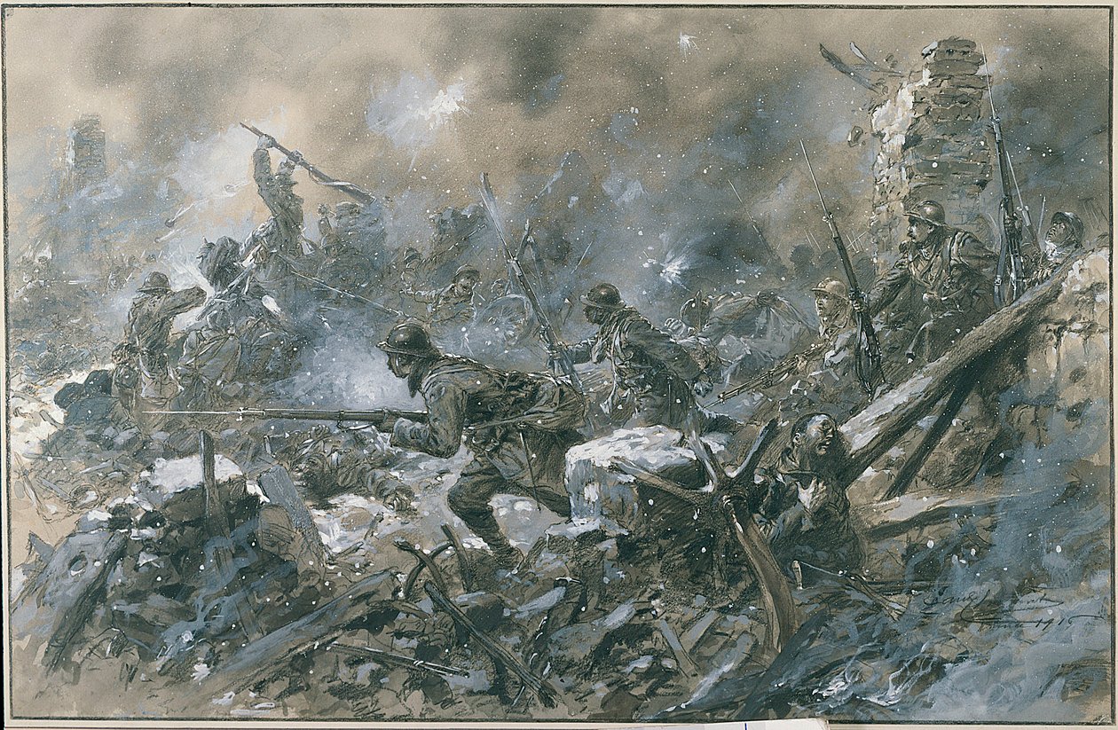 Primera Guerra Mundial (1914-1918): "" Un contraatac al poble de Vaux el 1916 al front de Verdun""" Aquarel·la de Paul Thiriat París. Musee, Des deux guerre mondiale DR - Contraatac francès al poble de Vaux prop de Verdunfinnish tekijältä Paul Thiriat