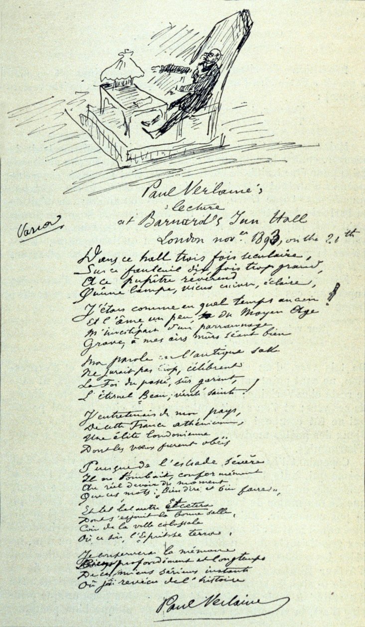 Ranskalaisen runoilijan Paul Verlainen (1844-1896) runokyltti, jossa on luonnos edustajasta lukemisen aikana. 21/11/1893 tekijältä Paul Verlaine