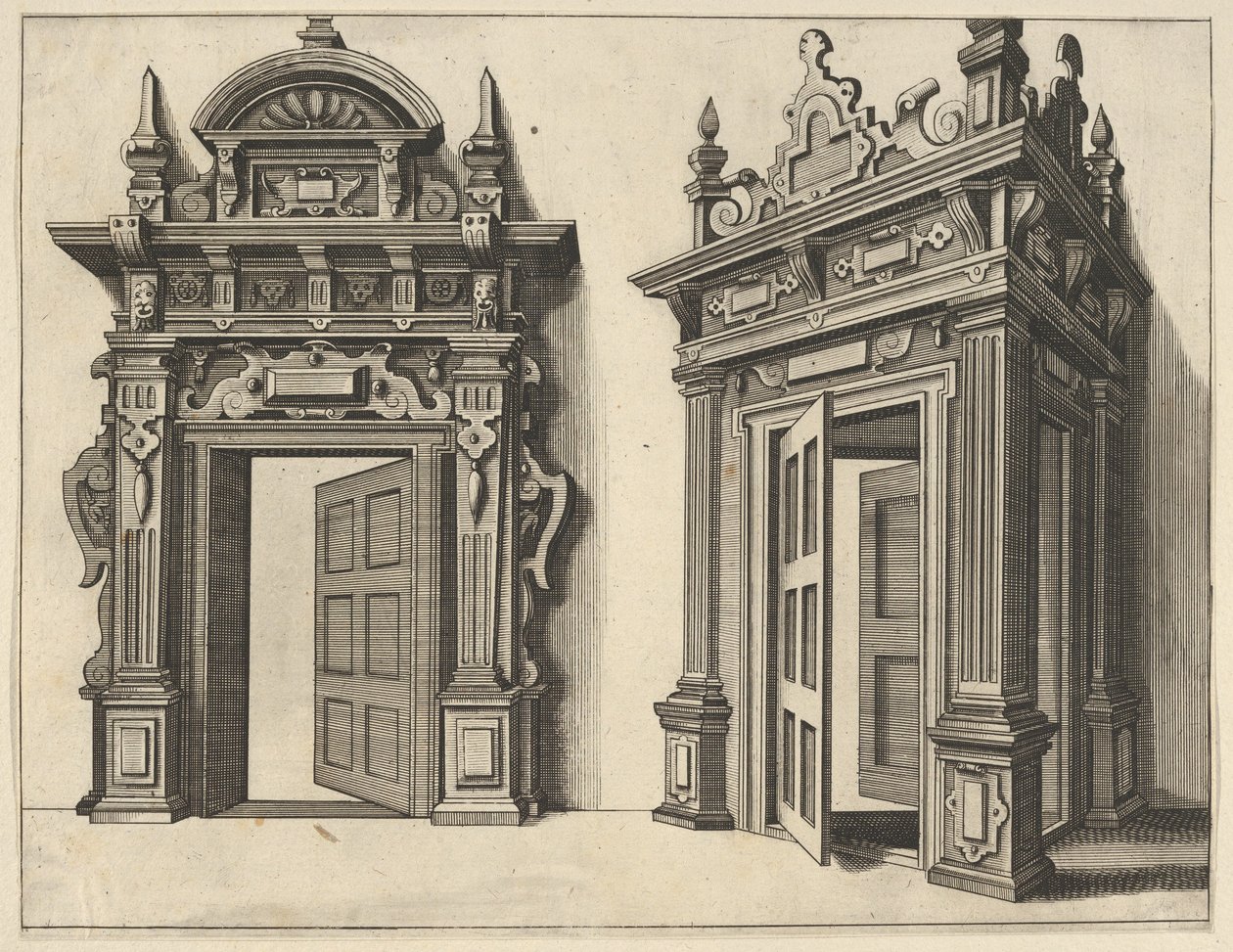 Kaksi puista portaalia Verscheyden Schrynwerckiltä ... [Plusieurs Menuiseries ...], 1658. tekijältä Paul Vredeman de Vries