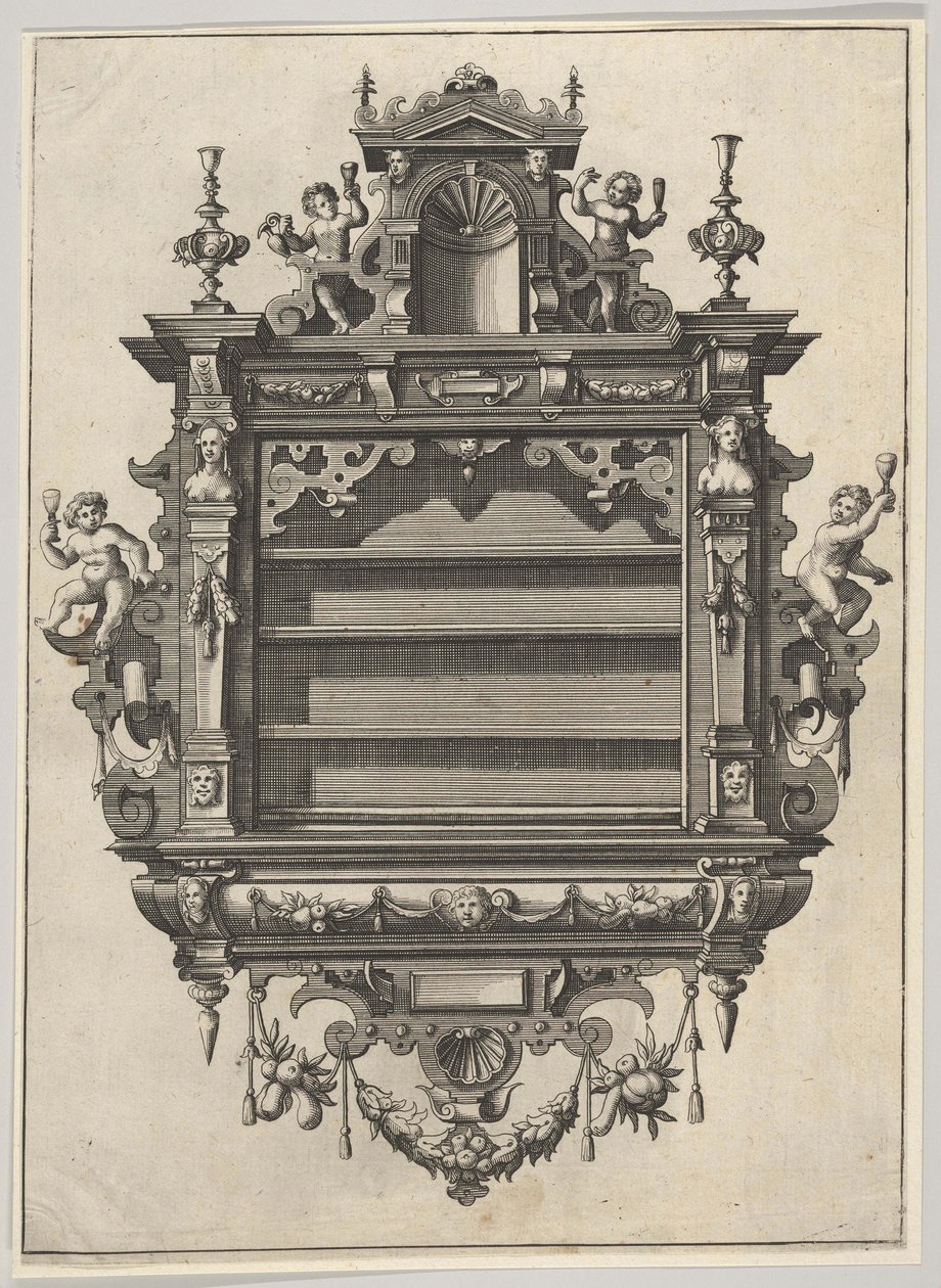 Seinälle asennettu hyllyyksikkö Verscheyden Schrynwerckiltä ... [Plusieurs Menuiseries ...], 1658. tekijältä Paul Vredeman de Vries