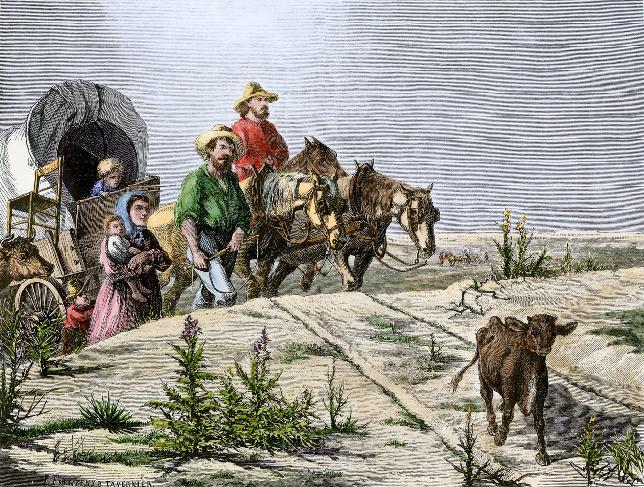 West Conqueten uudisasukkaiden historia: Amerikan pioneerit. "Arkansas pelerins" perhe ylittää Great Plainsin ahkerasti. Värikäs kaiverrus 1800-luvulta. tekijältä Paul and Tavernier Jules (1844-99) Frenzeny