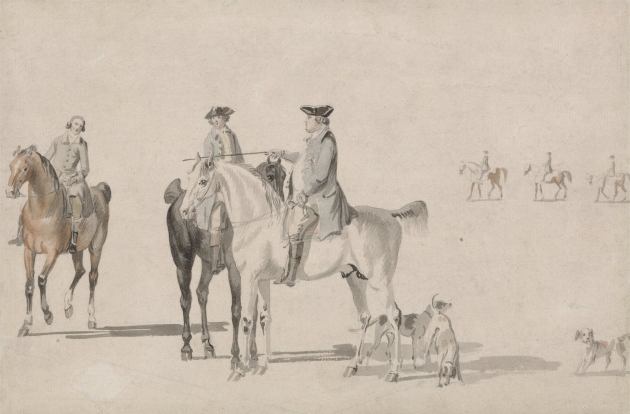 Cumberlandin herttua herrasmiehen ja sulhanen kanssa, kaikki pukeutunut, ja koirat (kynä ja akvarelli paperille) tekijältä Paul and Thomas  Sandby