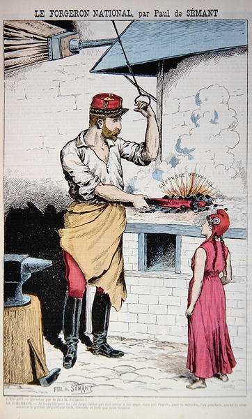 Kuvitus "La Bombesta", joka kuvaa kenraali Boulangeria Mariannen kanssa, karikatyyri Ranskan vaaleista 1889, 9. kesäkuuta 1889 (värilitho) tekijältä Paul de Semant