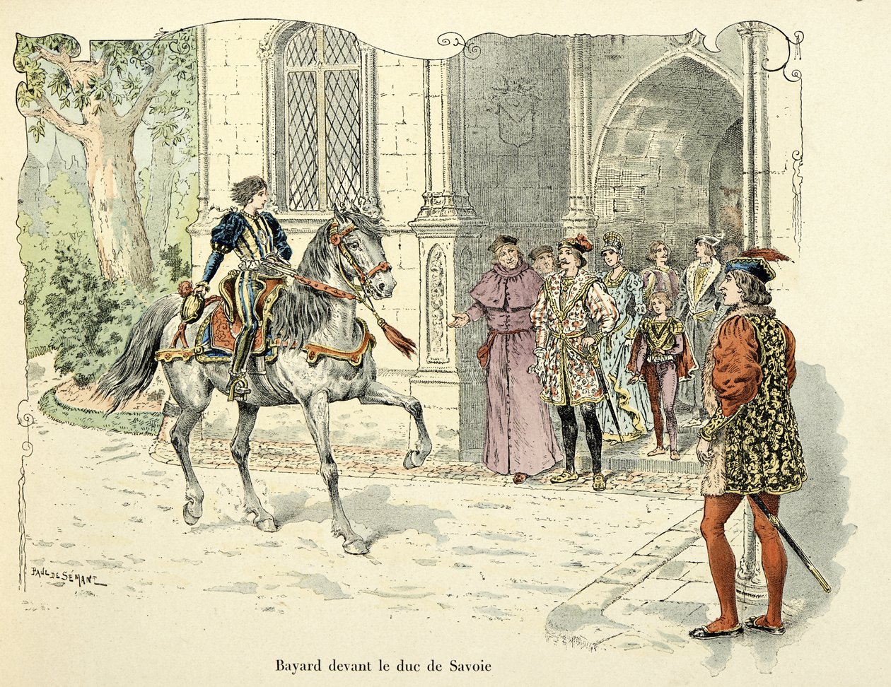 Kuva otettu Theodore Cahun kirjasta "Histoire du chevalier Bayard", kuvittanut Paul De Semant (1855-1915): Bayard 11-vuotias ennen Savoyn herttua 1486 tekijältä Paul de Semant