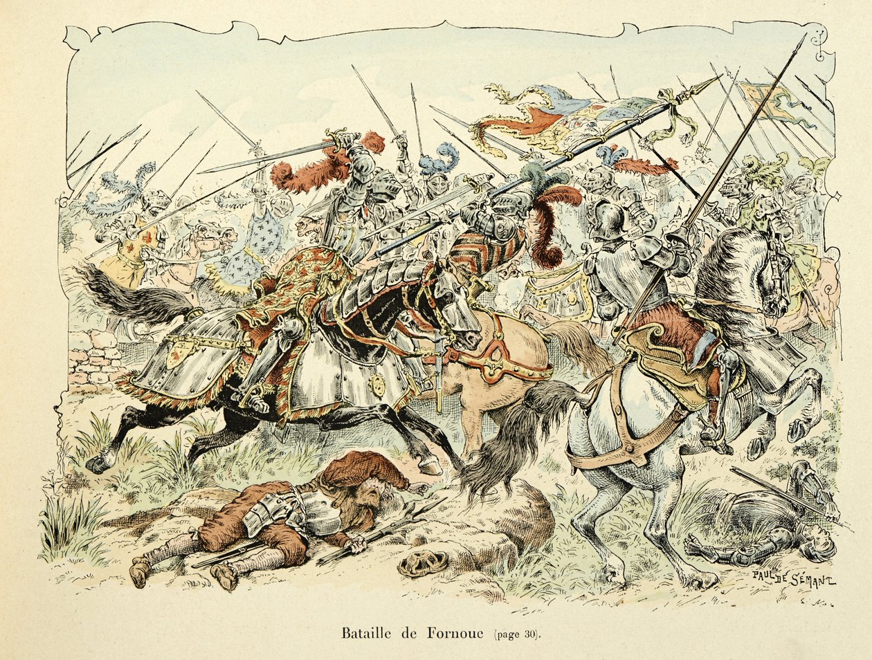 Kuvitus otettu Theodore Cahun kirjasta "Histoire du chevalier Bayard", kuvittanut Paul De Semant (1855-1915): Fornouan taistelu 1495 tekijältä Paul de Semant