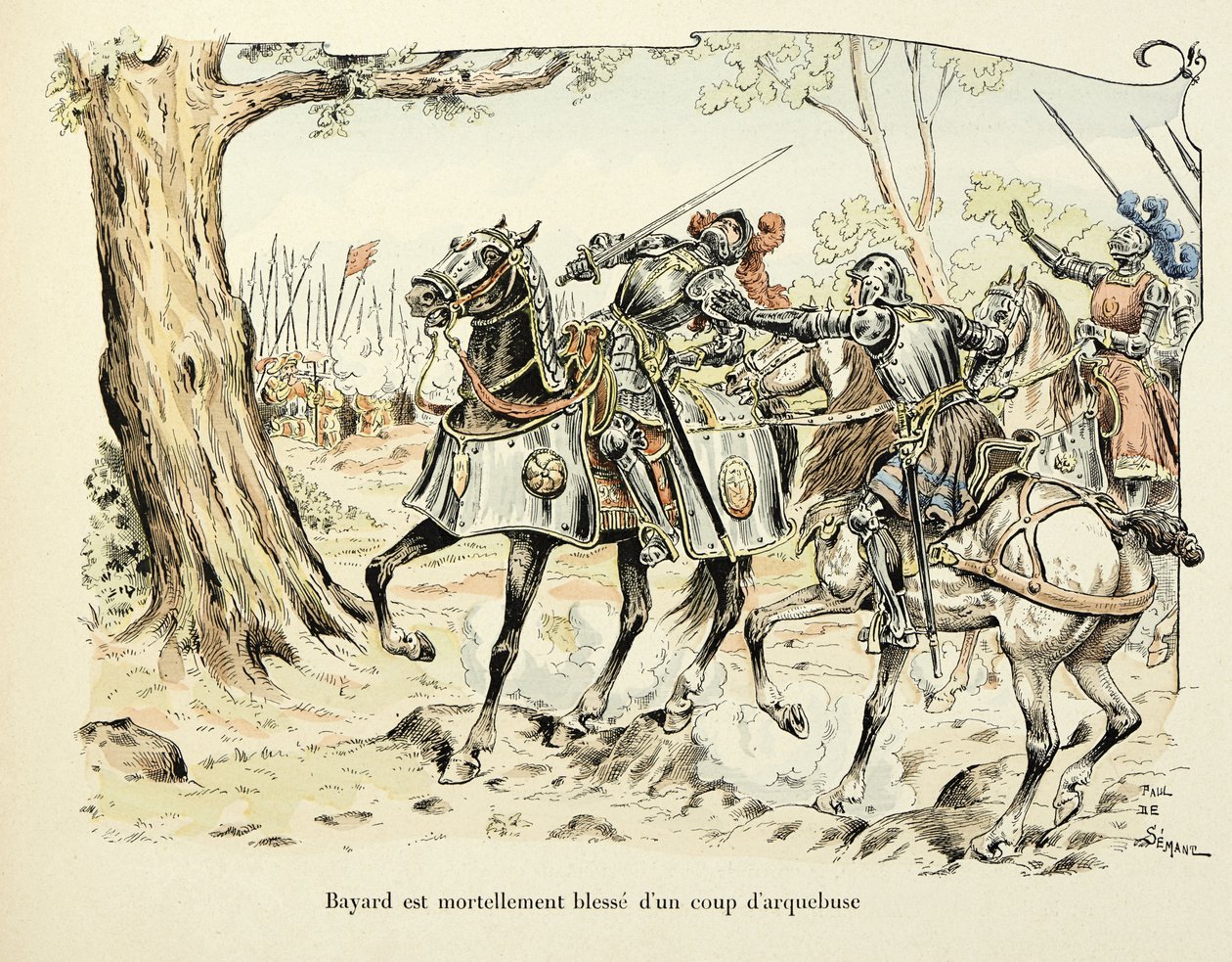 Kuvitus otettu Theodore Cahun kirjasta "Histoire du chevalier Bayard", kuvittanut Paul De Semant (1855-1915): Bayard haavoi kuolettavia arquebuse 1524 -laukauksella tekijältä Paul de Semant