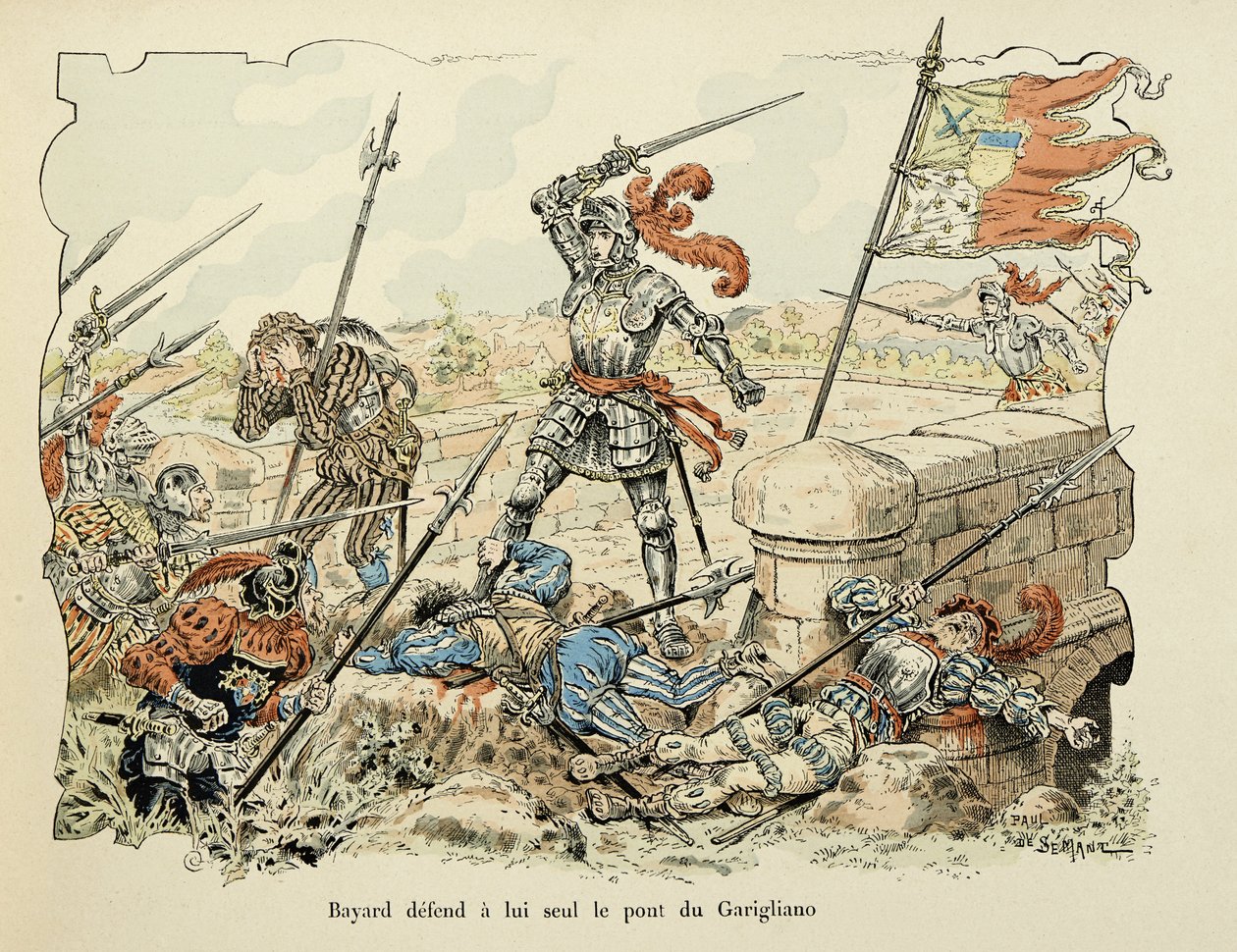 Kuvitus otettu Theodore Cahun kirjasta "Histoire du chevalier Bayard", kuvittanut Paul De Semant (1855-1915): Bayard puolustaa vain Gariglianon siltaa 1504 tekijältä Paul de Semant