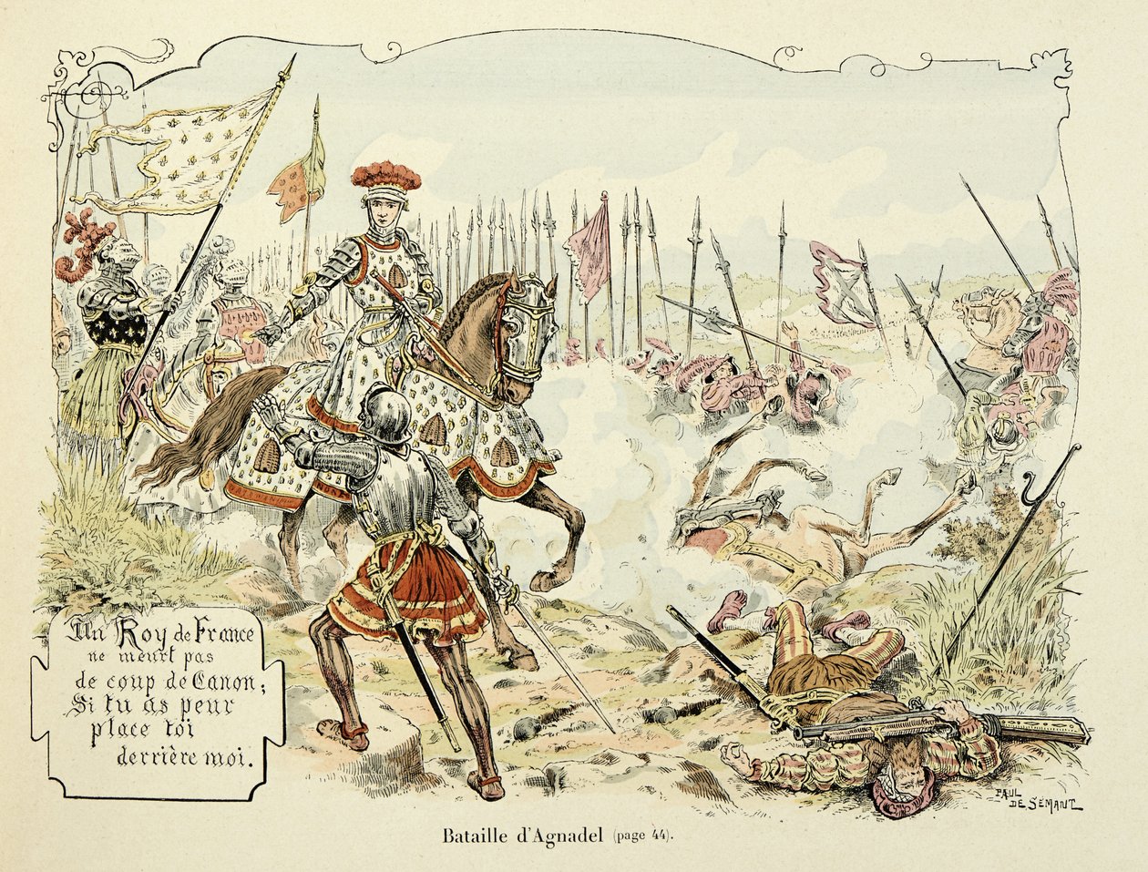 Kuvitus otettu Theodore Cahun kirjasta "Histoire du chevalier Bayard", kuvittanut Paul De Semant (1855-1915): Agnadelin taistelu 1509 tekijältä Paul de Semant