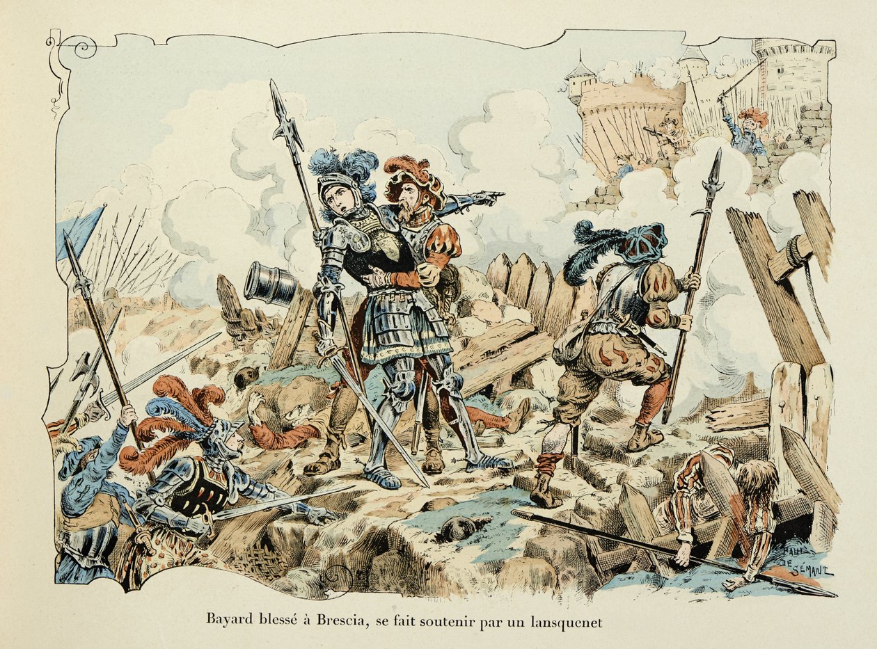 Kuvitus otettu Theodore Cahun kirjasta "Histoire du chevalier Bayard", kuvittanut Paul De Semant (1855-1915): Bayard haavoi Bresciaa, jota tukee lansquenet 1512 tekijältä Paul de Semant