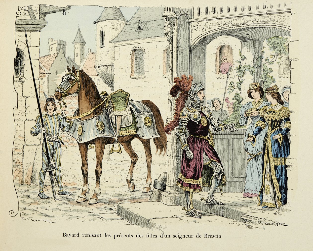 Kuva otettu Theodore Cahun kirjasta "Histoire du chevalier Bayard", kuvittanut Paul De Semant (1855-1915): Bayard kieltäytyy antamasta Brescian herran tyttärien lahjoja 1512 tekijältä Paul de Semant