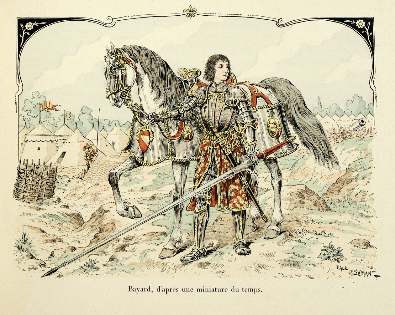 Kuvitus otettu Theodore Cahun kirjasta "Histoire du chevalier Bayard", kuvittanut Paul De Semant (1855-1915): Bayardin muotokuva aikakauden pienoismallin jälkeen tekijältä Paul de Semant