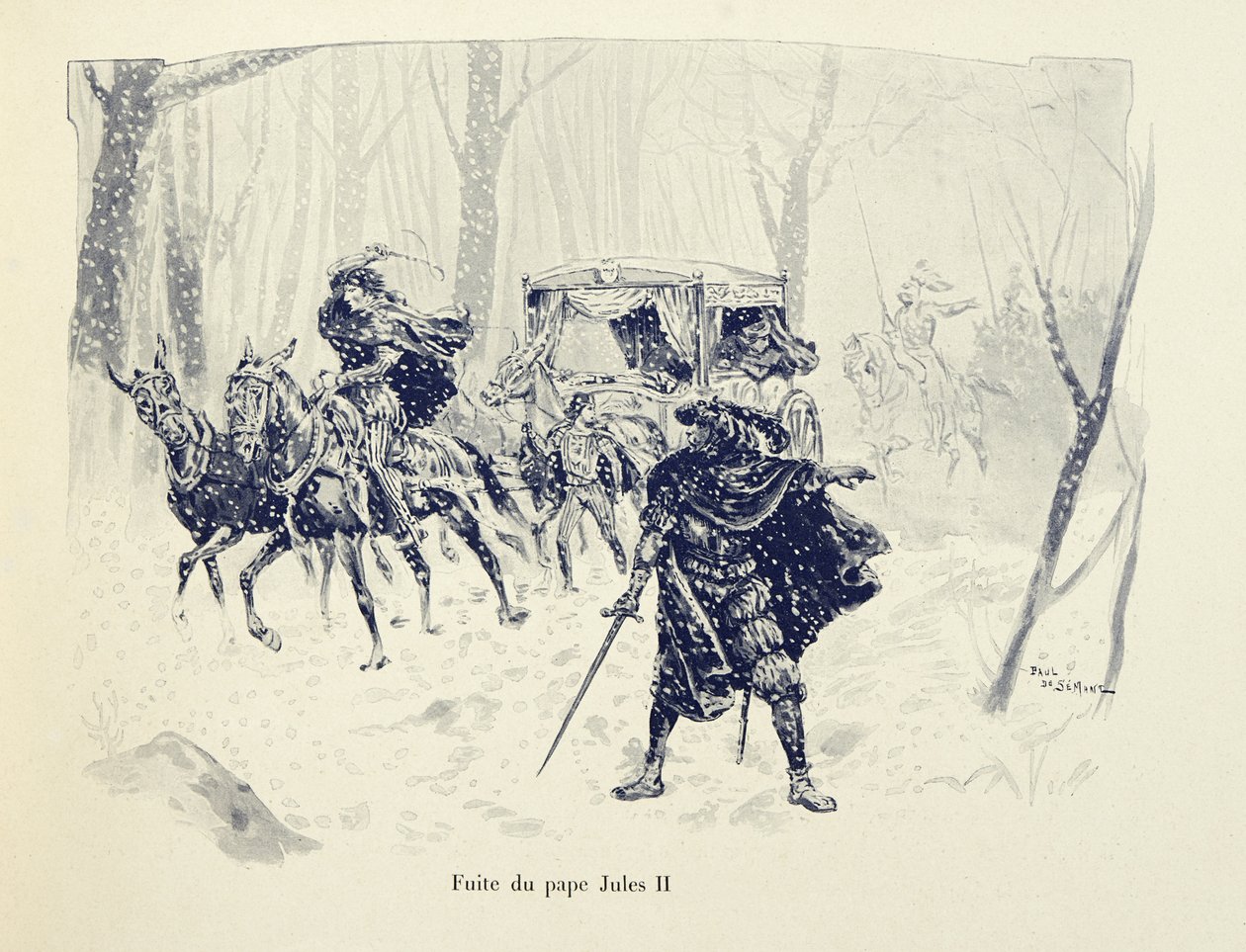 Kuvitus otettu Theodore Cahun kirjasta "Histoire du chevalier Bayard", kuvittanut Paul De Semant (1855-1915): Paavi Julius II:n lento tekijältä Paul de Semant