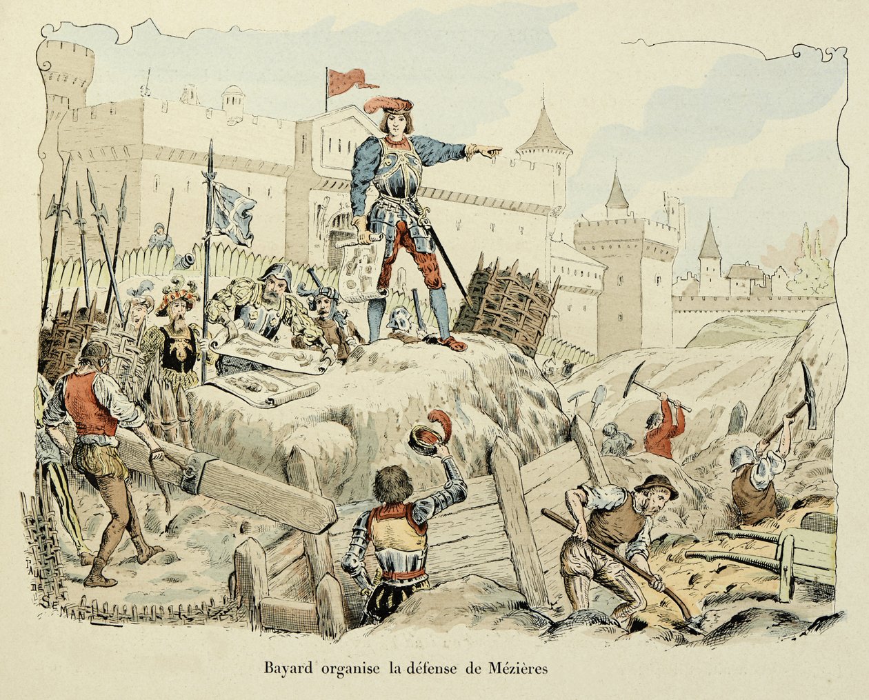 Kuvitus otettu Theodore Cahun kirjasta "Histoire du chevalier Bayard", kuvittanut Paul De Semant (1855-1915): Bayard järjestää Mezieresin 1521 puolustamisen tekijältä Paul de Semant