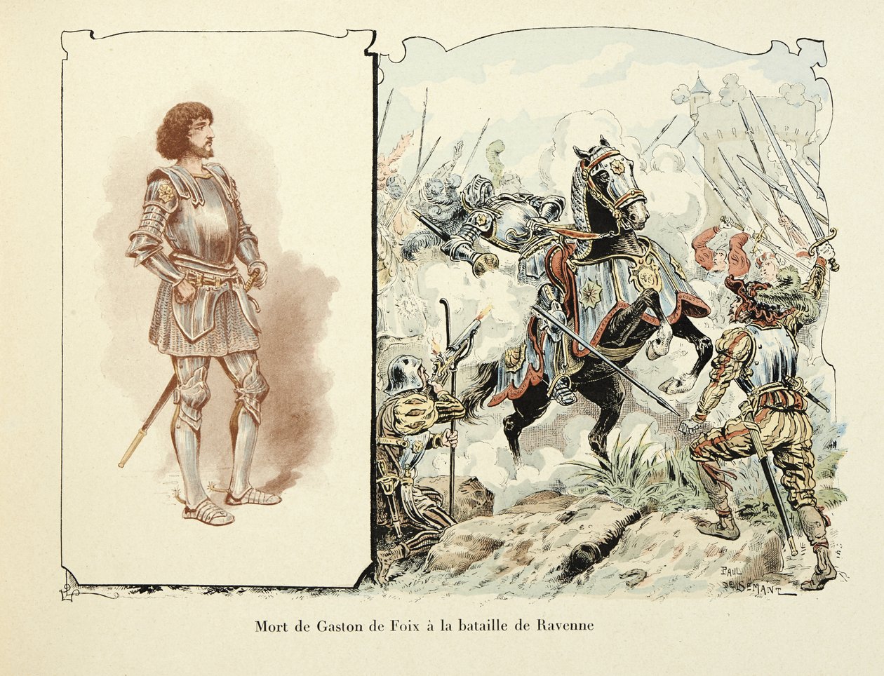 Kuvitus otettu Theodore Cahun kirjasta "Histoire du chevalier Bayard", kuvittanut Paul De Semant (1855-1915): Gaston de Foixin (1489-1512) kuolema Ravennan taistelussa tekijältä Paul de Semant