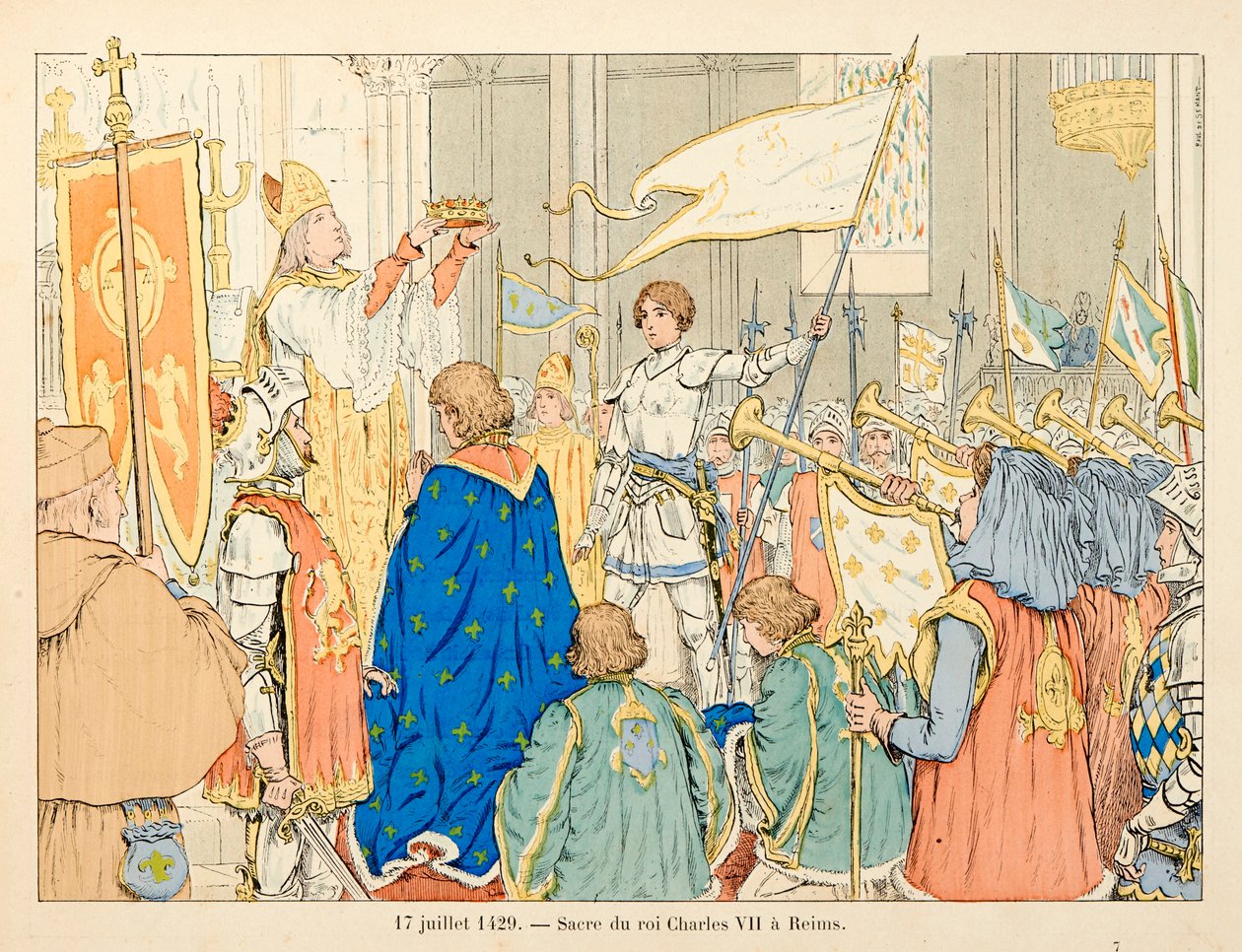 Kuvitus otettu Theodore Cahun kirjasta "" Jeanne of Arc " ja kuvittanut Paul De Semant (1855-1915): Kuningas Kaarle VII:n pyhä Reimsissä 17. heinäkuuta tekijältä Paul de Semant