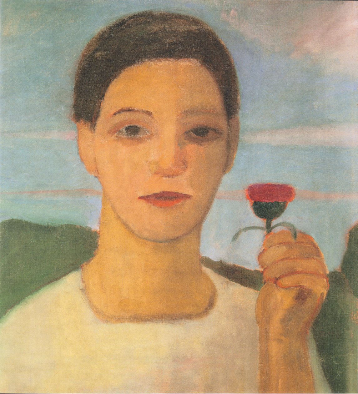 Muotokuva sisar Hermasta, jolla on artisokan kukka kohotetussa kädessä. tekijältä Paula Modersohn Becker