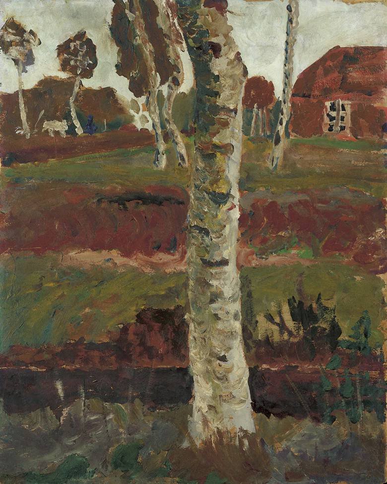 Koivunrunko nummella ojan edessä maiseman ja talon edessä tekijältä Paula Modersohn Becker