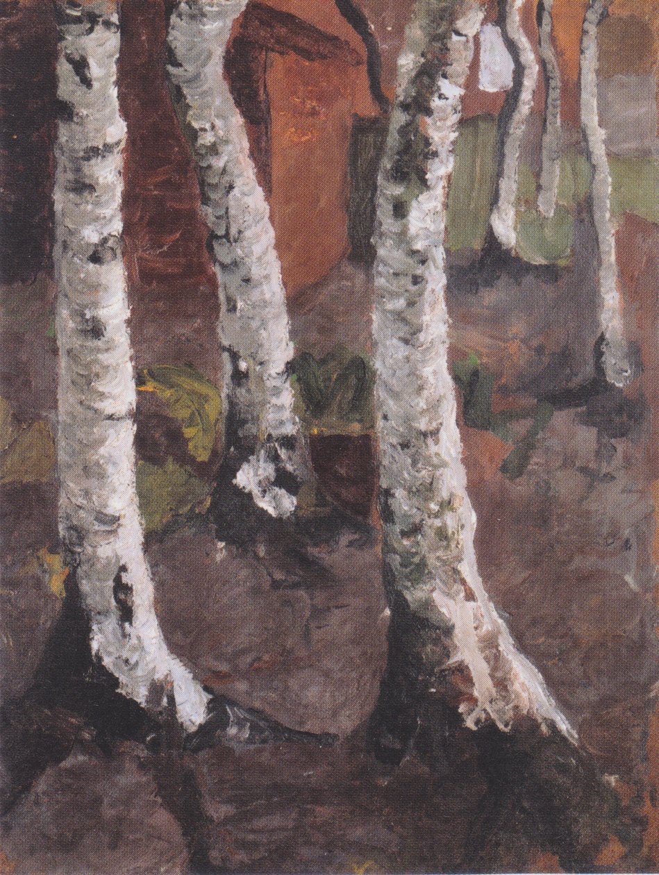 Koivunrunkoja punaisen maatilan edessä tekijältä Paula Modersohn Becker