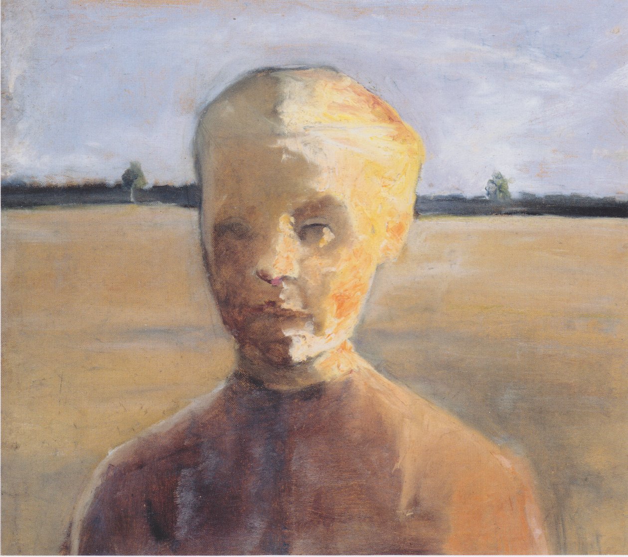 Puolipitkä muotokuva tytöstä auringossa laajan maiseman edessä. tekijältä Paula Modersohn Becker