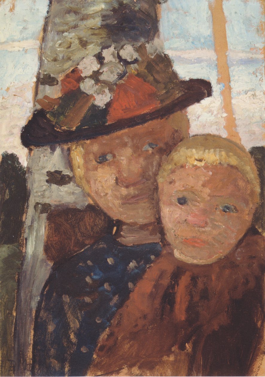 Puolipitkä muotokuva tytöstä, jolla on kukkahattu, ja pojasta. tekijältä Paula Modersohn Becker