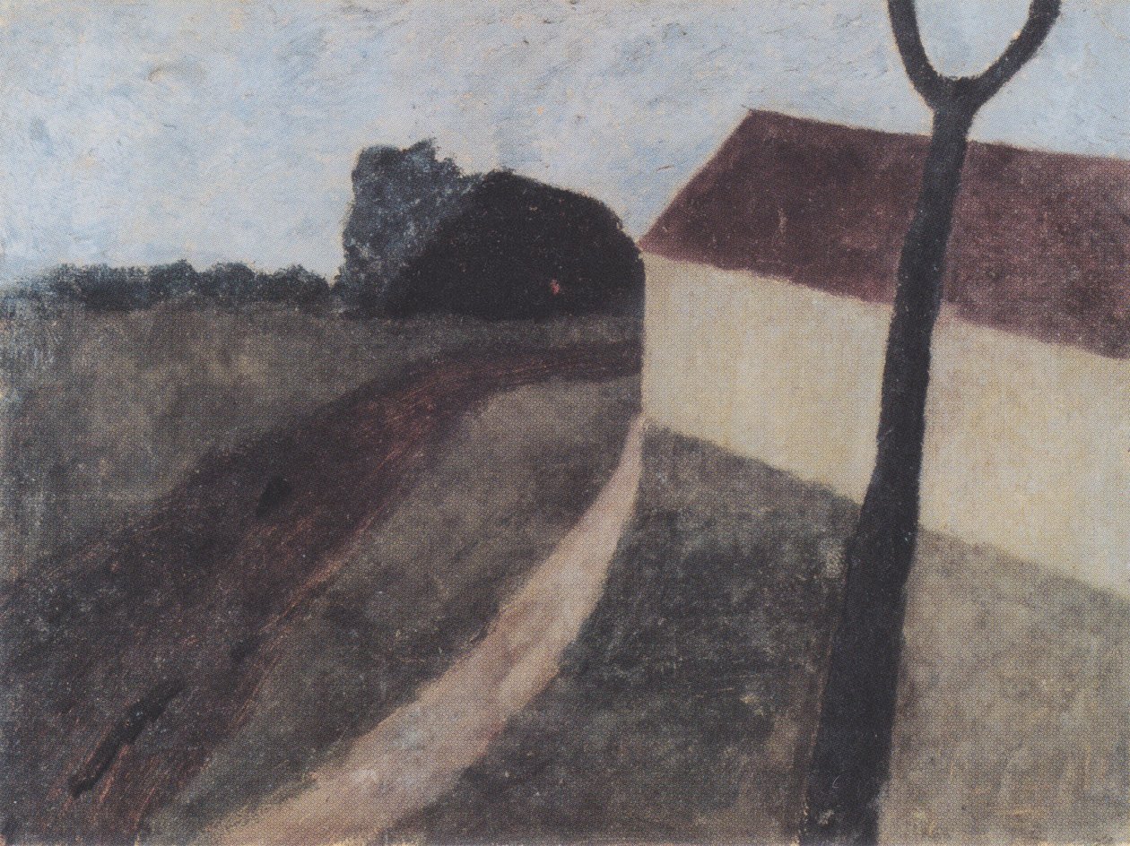 Hämärä maisema, jossa on talo ja haarahaarukka tekijältä Paula Modersohn Becker