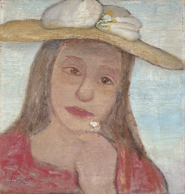 Kopf eines jungen Mädchens mit Strohhut und Blume in der erhobenen Hand tekijältä Paula Modersohn Becker