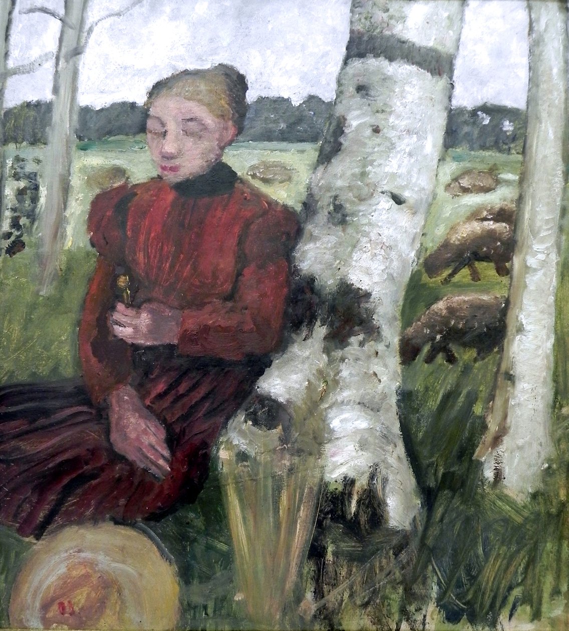 Mädchen am Birkenstamm ruhend, Schafherde im Hintergrund tekijältä Paula Modersohn Becker