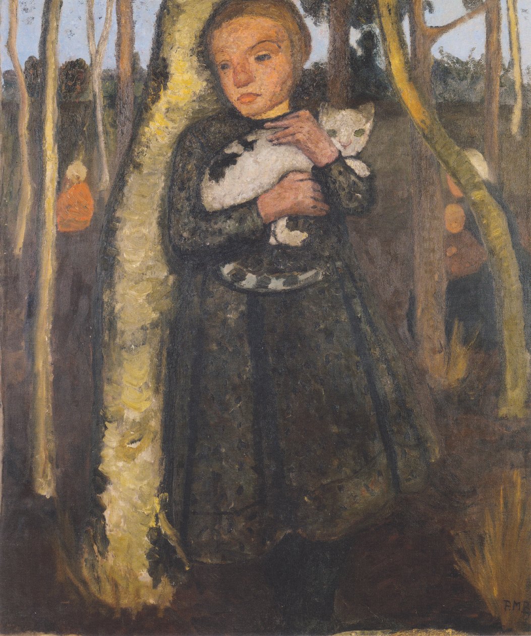 Tyttö koivumetsässä kissan kanssa tekijältä Paula Modersohn Becker