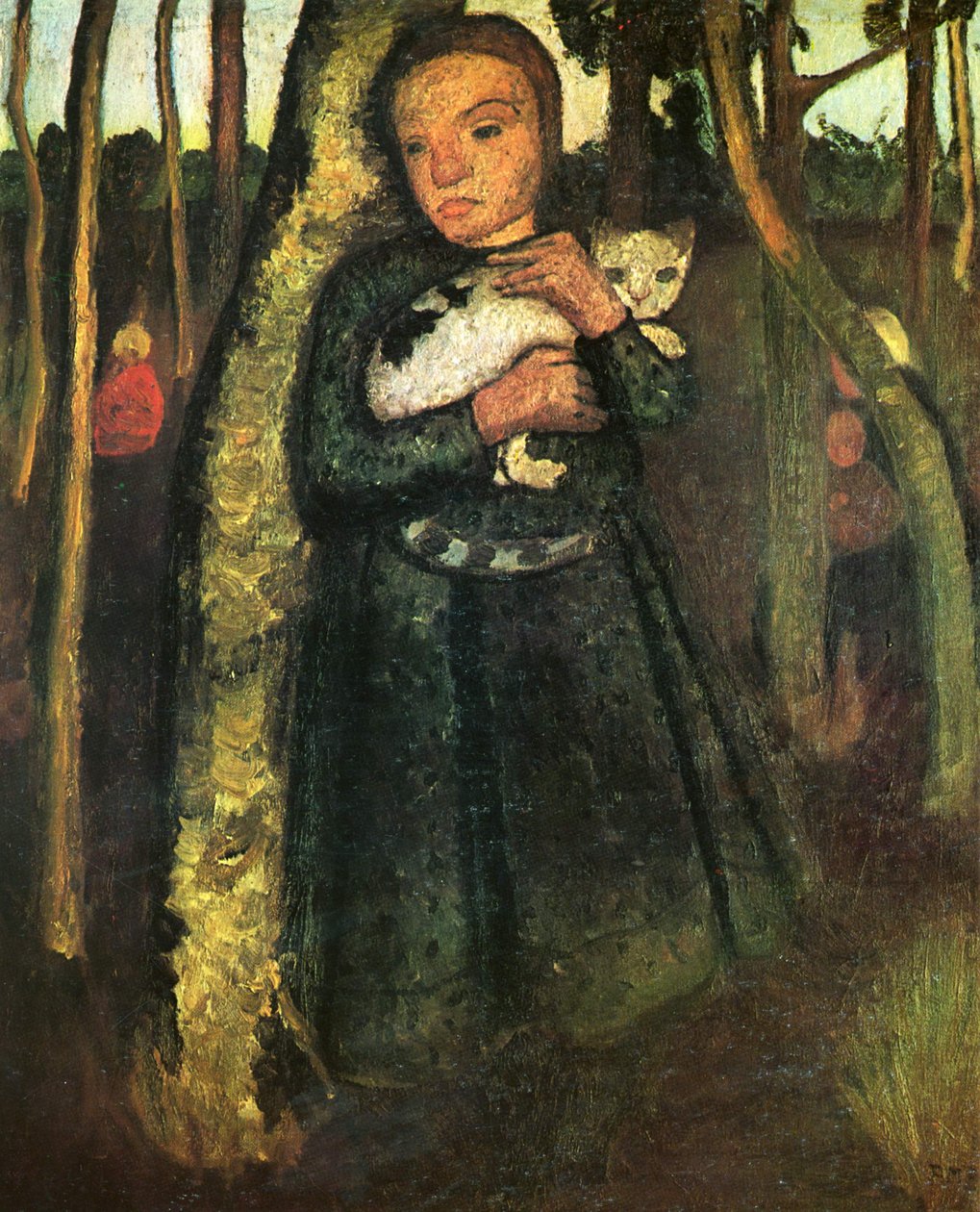 Tyttö ja kissa koivumetsässä tekijältä Paula Modersohn Becker