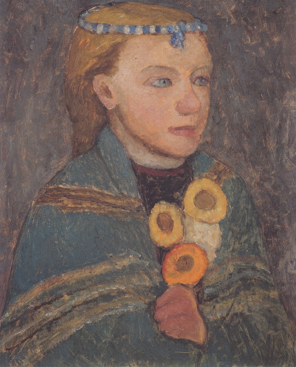 Tyttö, jolla on sininen ja valkoinen ketju hiuksissaan tekijältä Paula Modersohn Becker