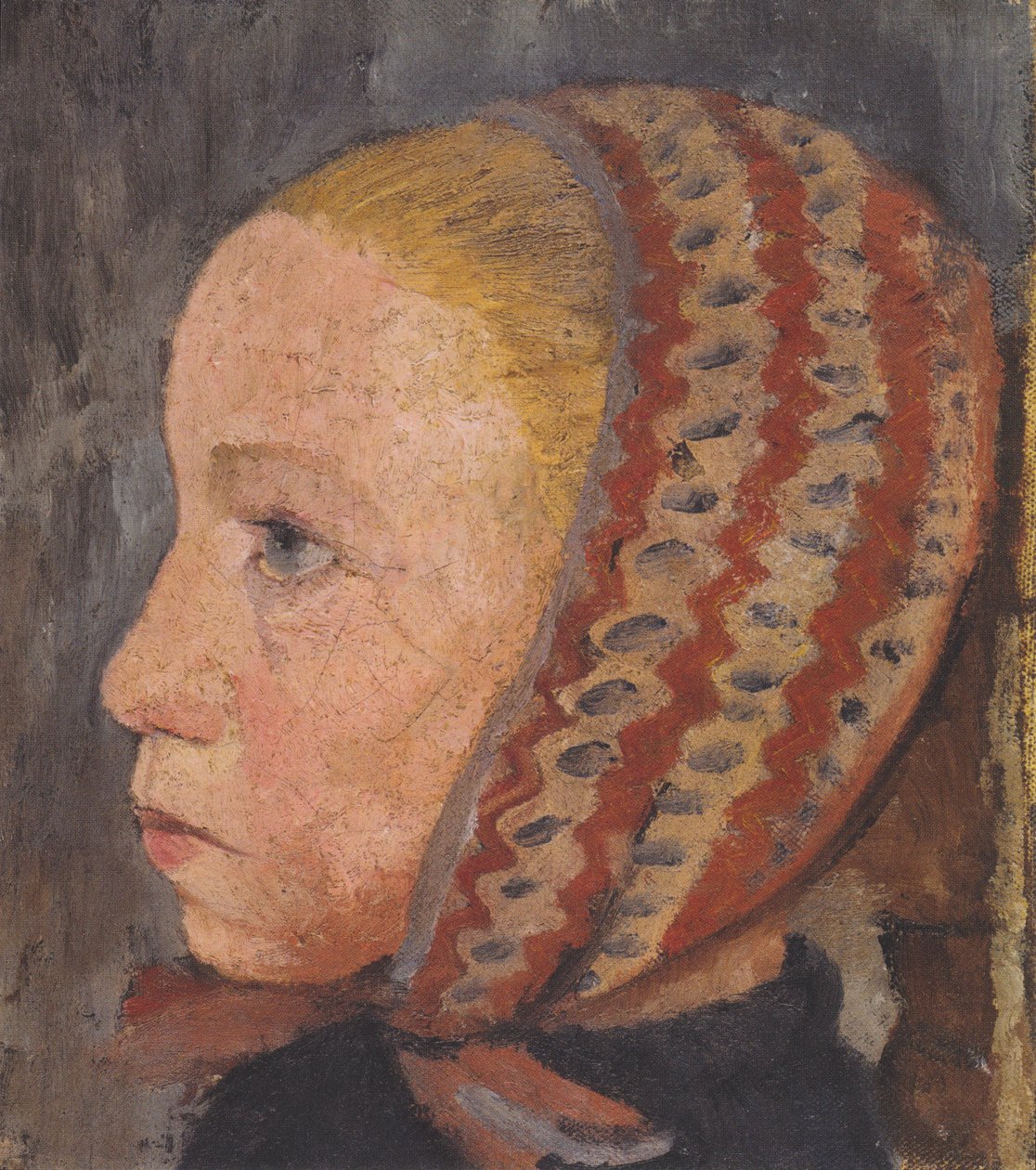 Tytön pää ja raidallinen lippalakki profiilissa vasemmalla. tekijältä Paula Modersohn Becker