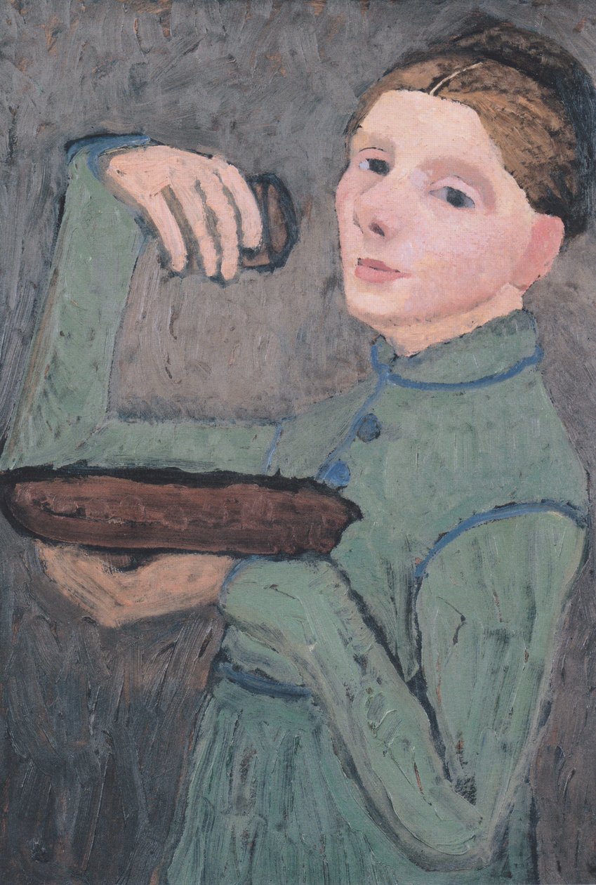Omakuva, puolipitkä hahmo vasemmalla, kädessä kulho ja lasi tekijältä Paula Modersohn Becker