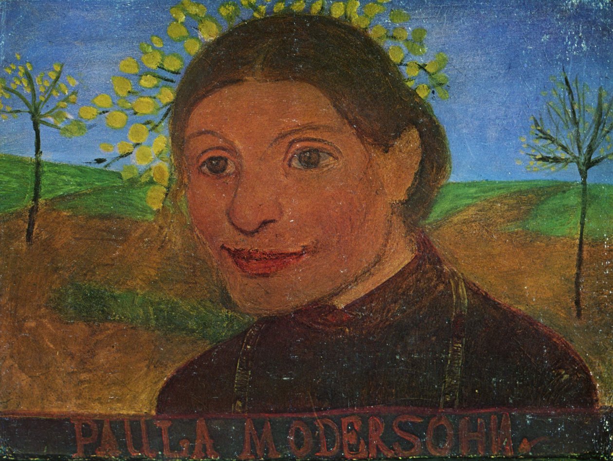 Omakuva kukkivien puiden edessä tekijältä Paula Modersohn Becker