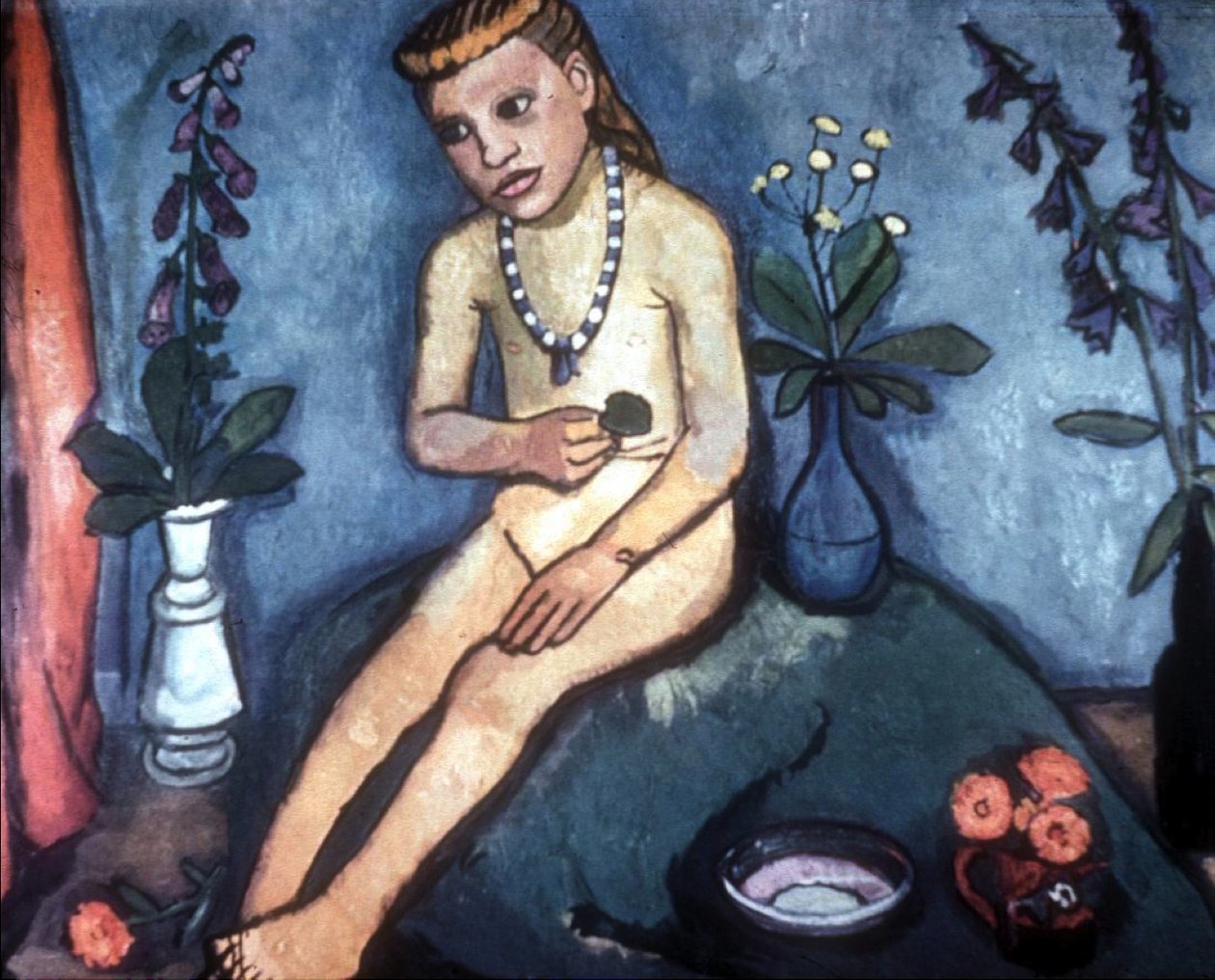 Sitzender Mädchenakt mit Blumenvasen tekijältä Paula Modersohn Becker